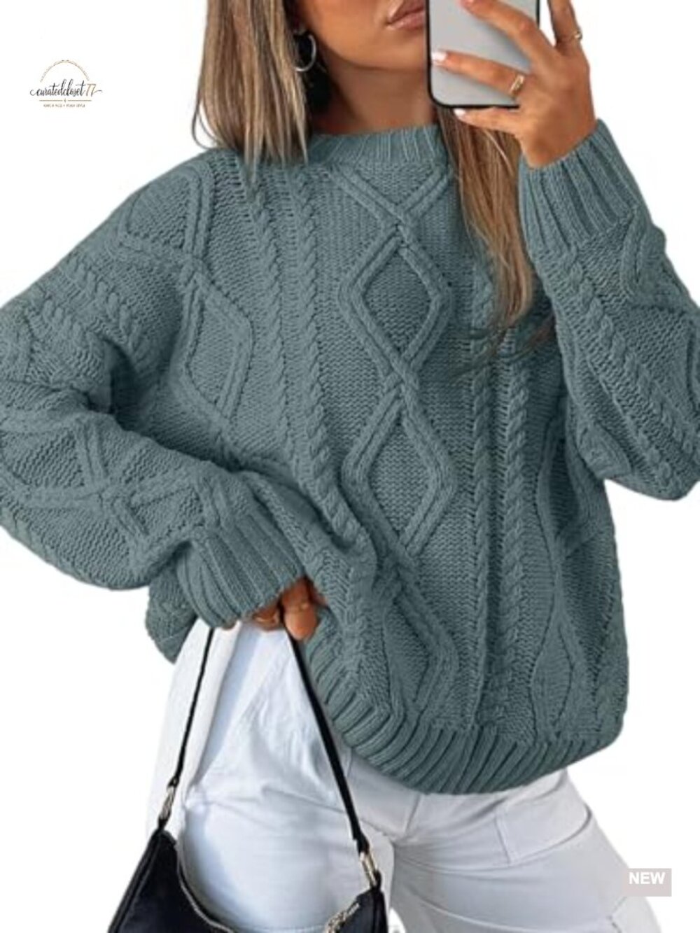 Oversized Cable Knit Pullover Sweater Crew Neck Long Sleeve Cozy Fall Layer